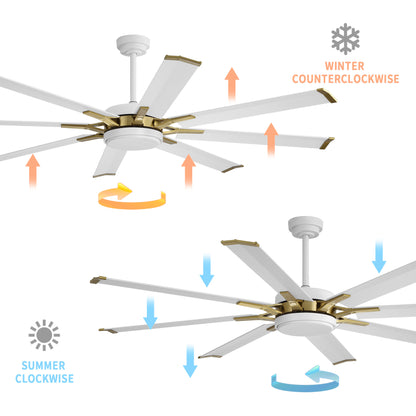 Ceiling Fan 72" Modern White + Gold 8-Blade with LED Light