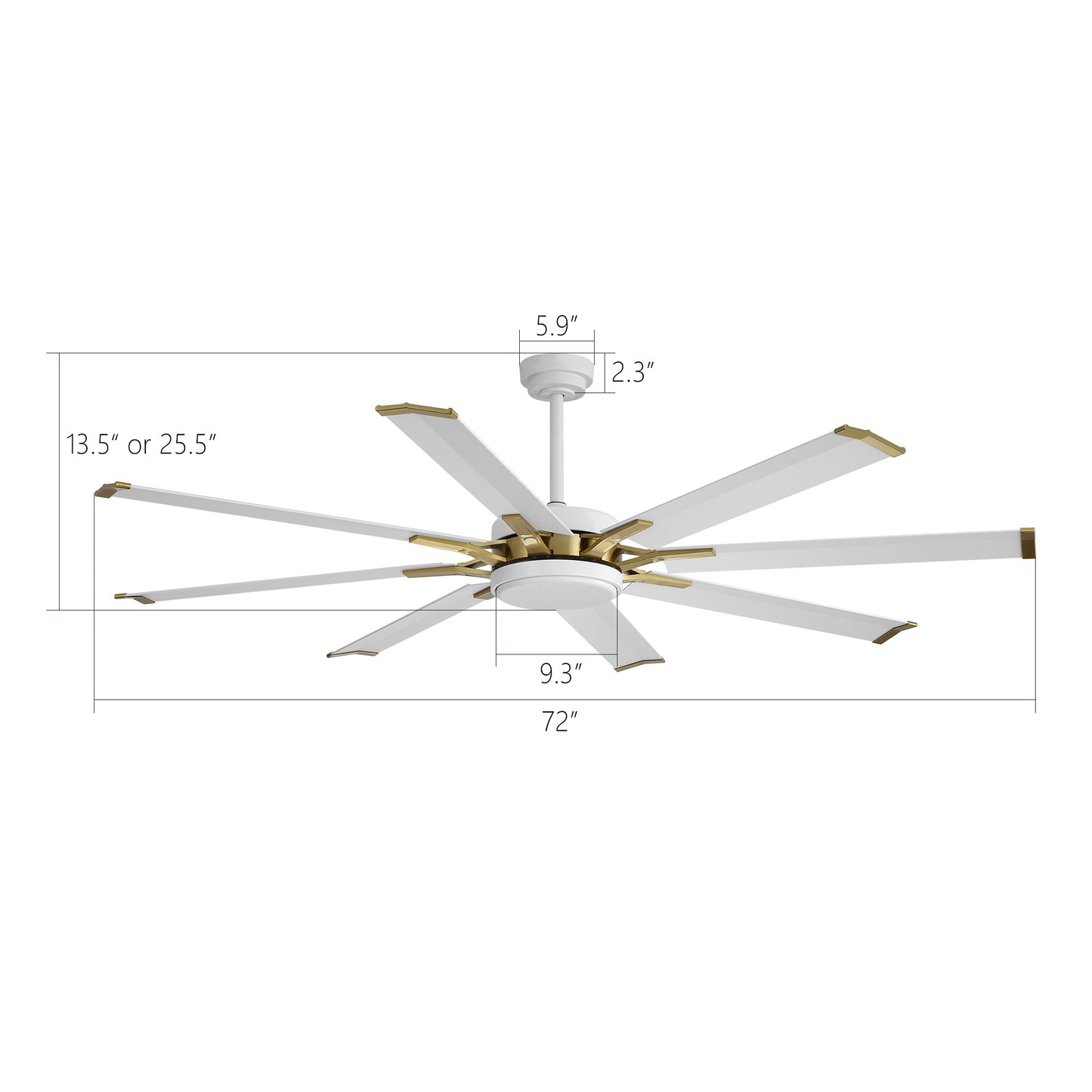 Ceiling Fan 72" Modern White + Gold 8-Blade with LED Light