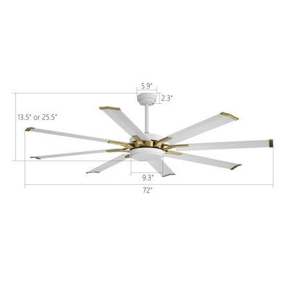 Ceiling Fan 72" Modern White + Gold 8-Blade with LED Light