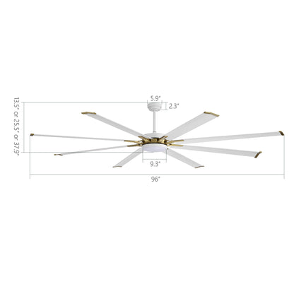 96" White & Gold Ceiling Fan with Light & Remote – Smart 6-Blade, Quiet DC Motor
