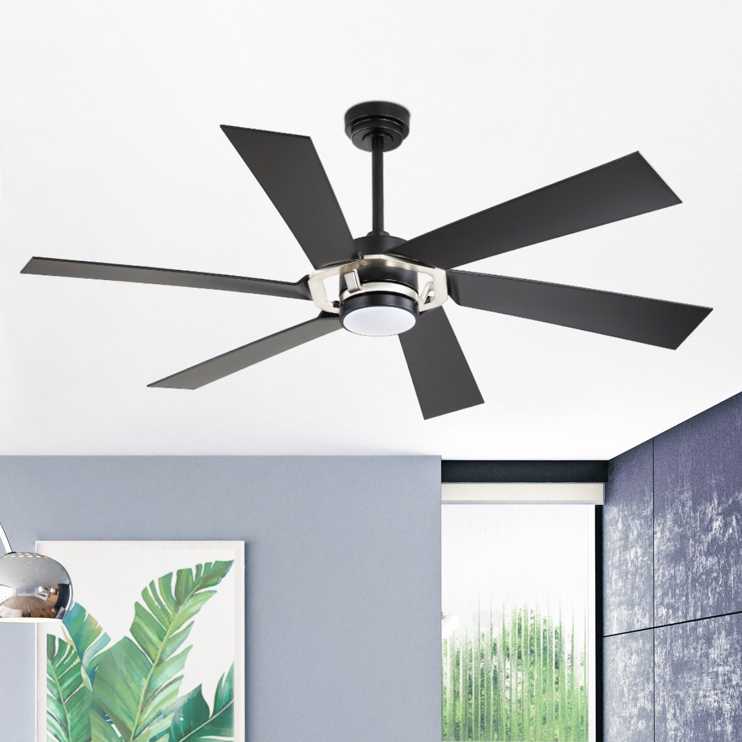 60" Black & Chrome Ceiling Fan with Light & Remote – Smart 6-Blade, DC Motor