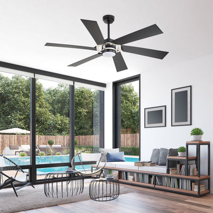 60" Black & Chrome Ceiling Fan with Light & Remote – Smart 6-Blade, DC Motor