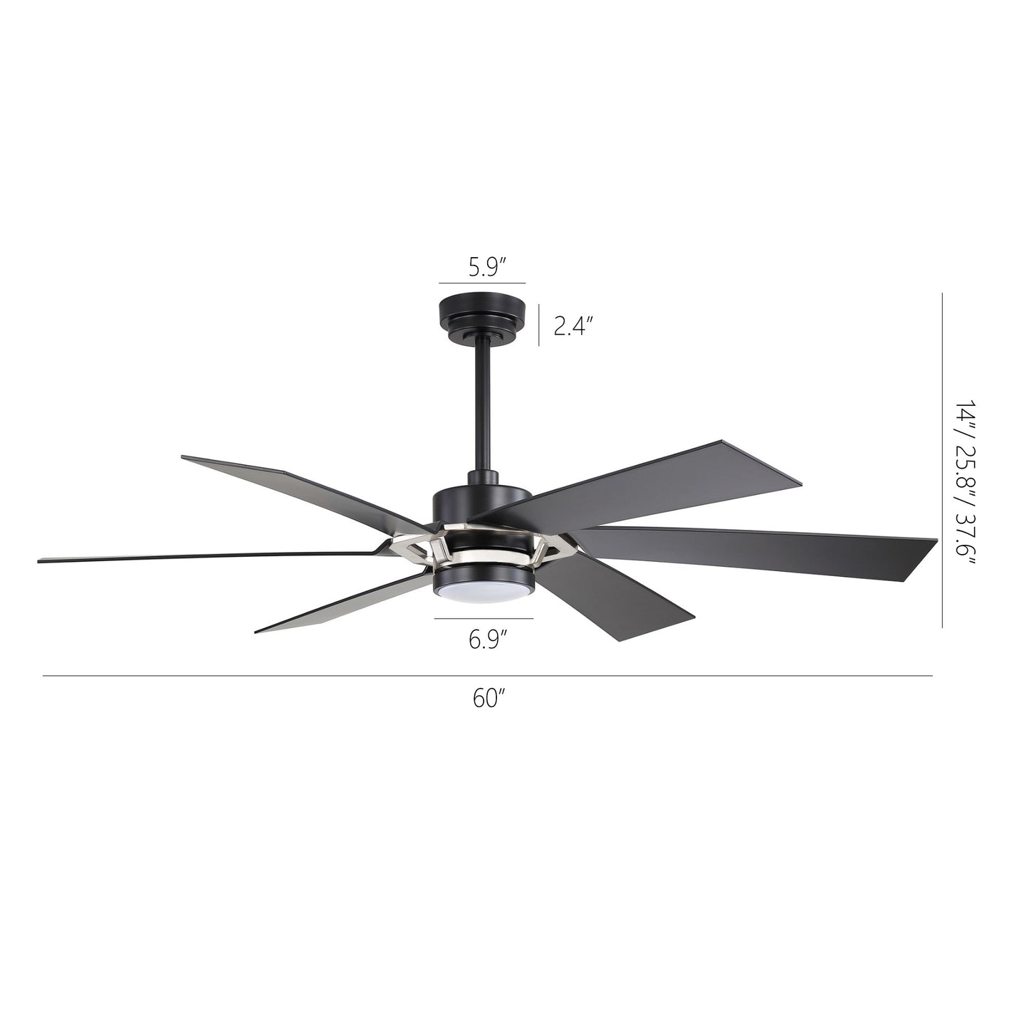 60" Black & Chrome Ceiling Fan with Light & Remote – Smart 6-Blade, DC Motor