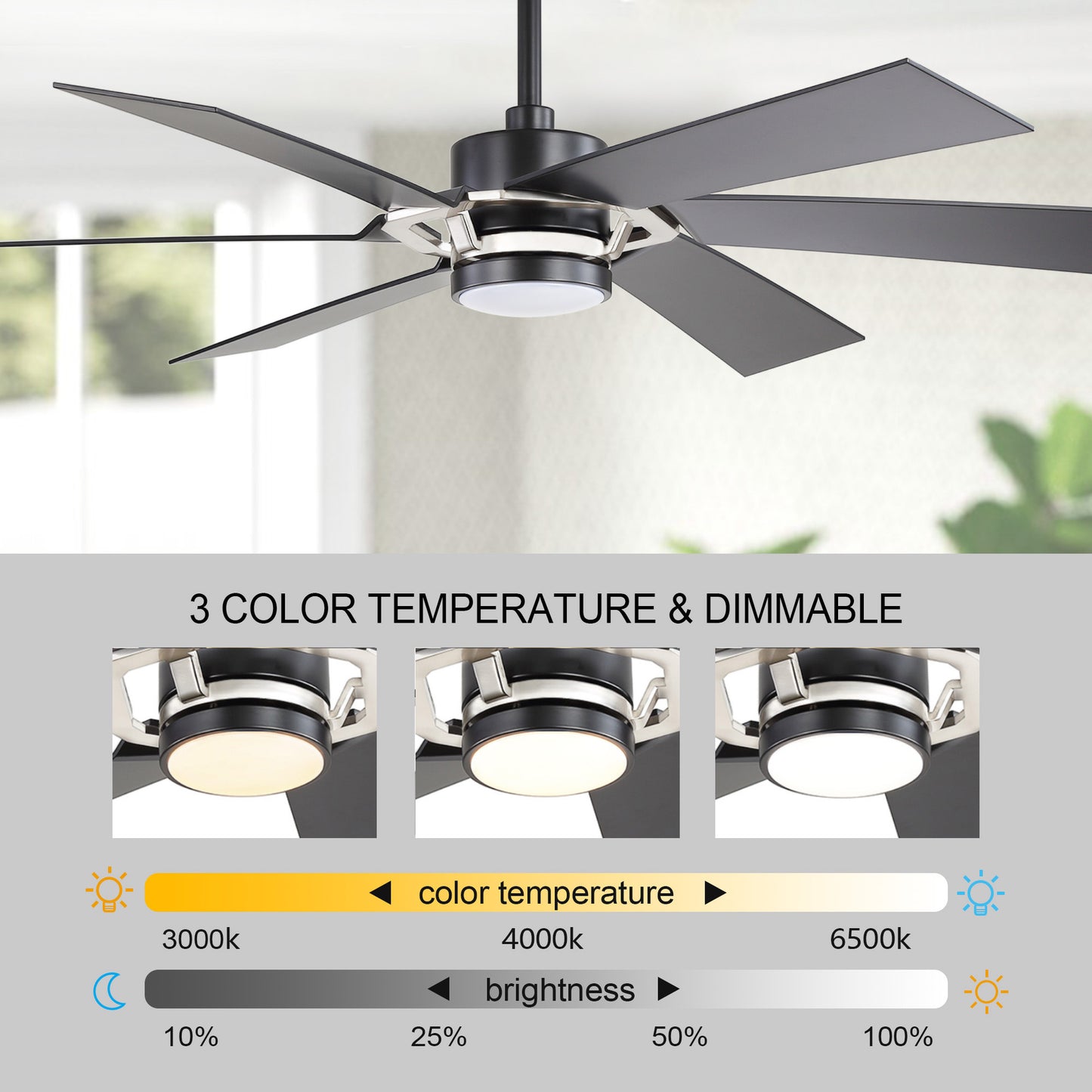 60" Black & Chrome Ceiling Fan with Light & Remote – Smart 6-Blade, DC Motor
