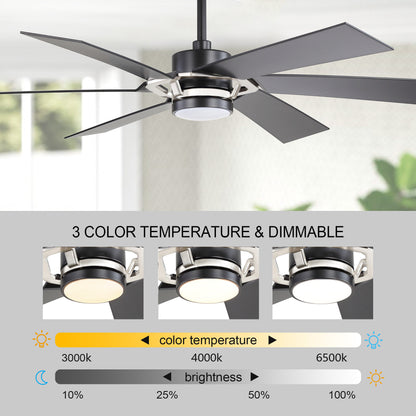 60" Black & Chrome Ceiling Fan with Light & Remote – Smart 6-Blade, DC Motor