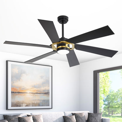 60" Black & Gold Ceiling Fan with Light & Remote – Smart 6-Blade, DC Motor