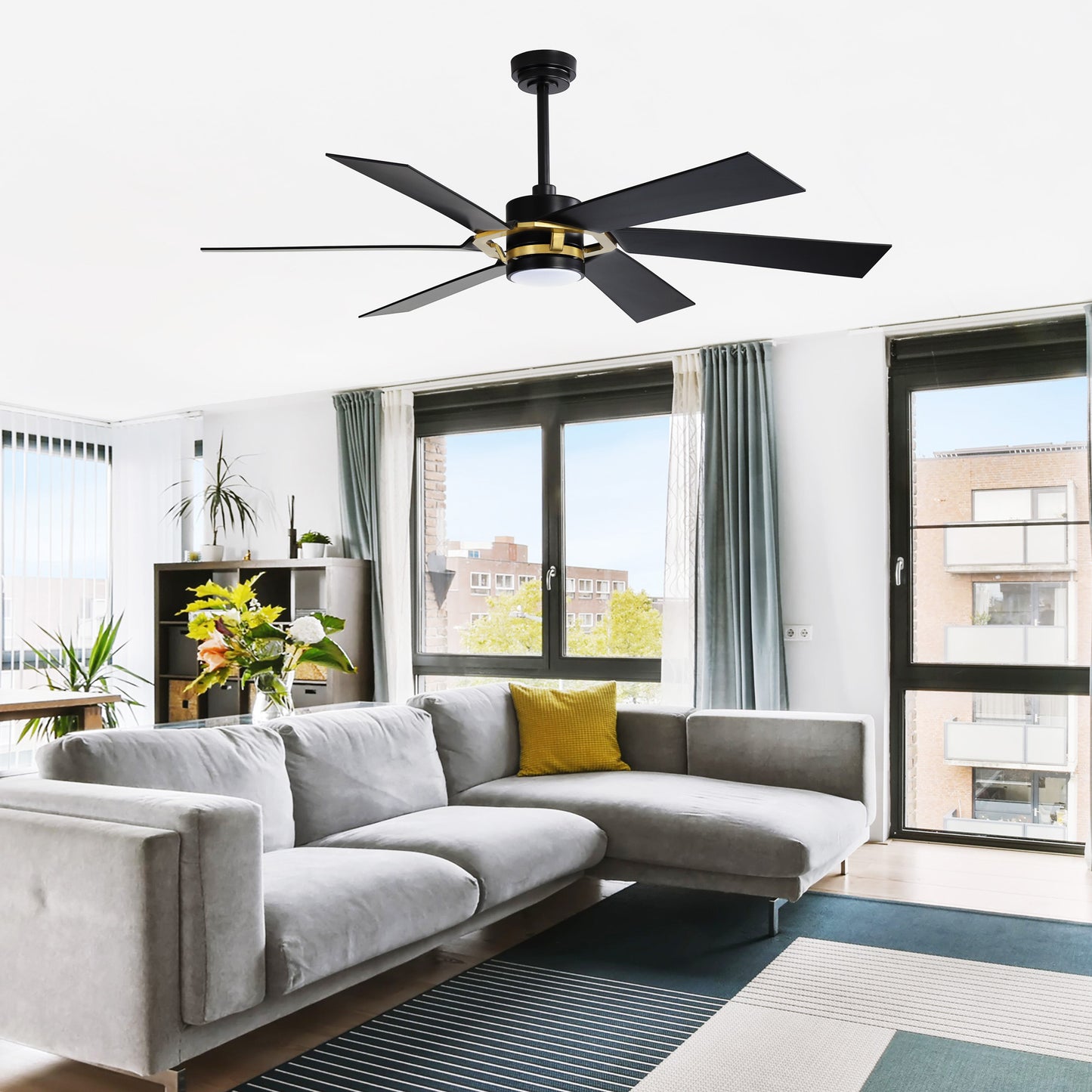 60" Black & Gold Ceiling Fan with Light & Remote – Smart 6-Blade, DC Motor