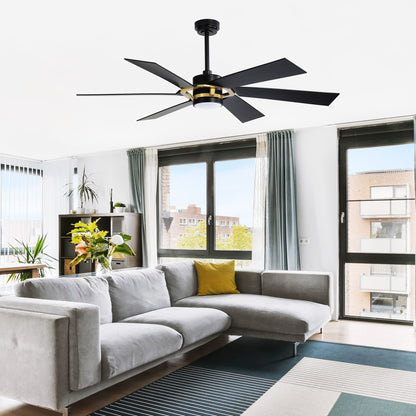 60" Black & Gold Ceiling Fan with Light & Remote – Smart 6-Blade, DC Motor