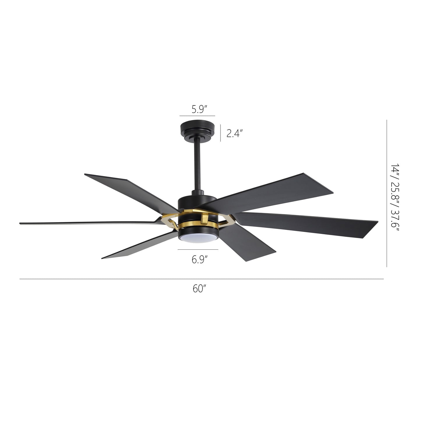 60" Black & Gold Ceiling Fan with Light & Remote – Smart 6-Blade, DC Motor