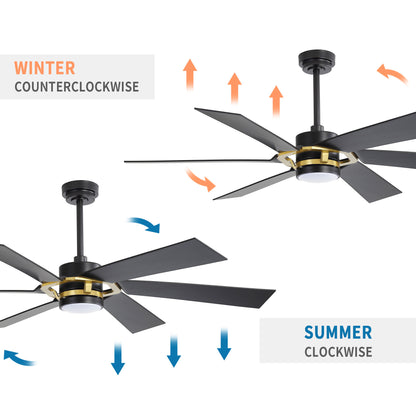60" Black & Gold Ceiling Fan with Light & Remote – Smart 6-Blade, DC Motor