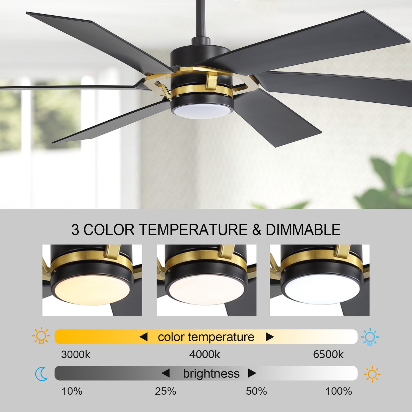 60" Black & Gold Ceiling Fan with Light & Remote – Smart 6-Blade, DC Motor