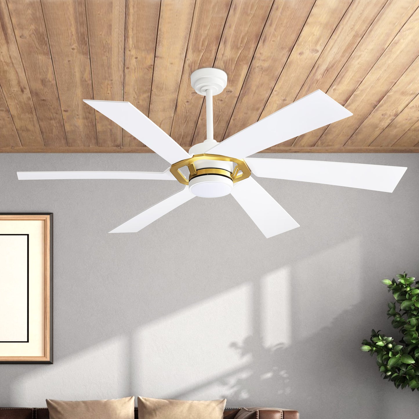 60" White & Gold Ceiling Fan with Light & Remote – Smart 6-Blade, DC Motor