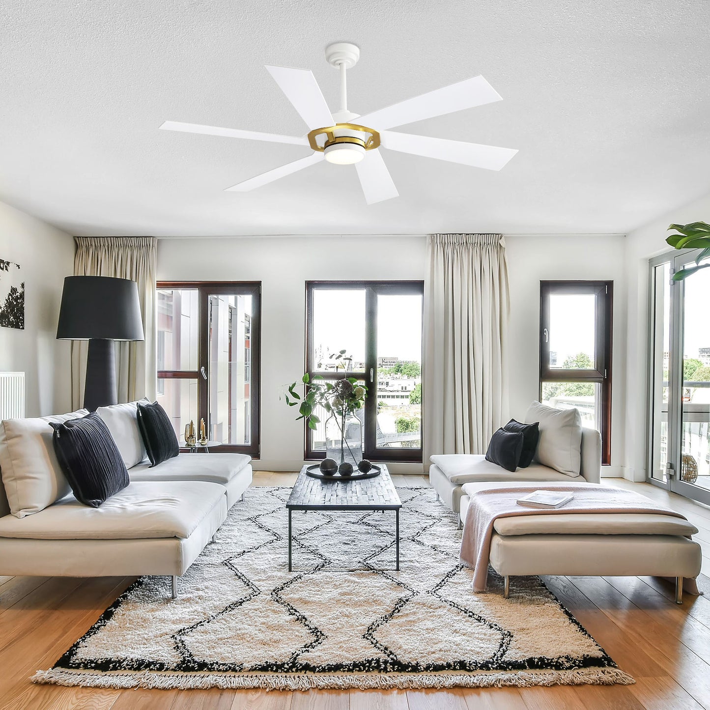 60" White & Gold Ceiling Fan with Light & Remote – Smart 6-Blade, DC Motor