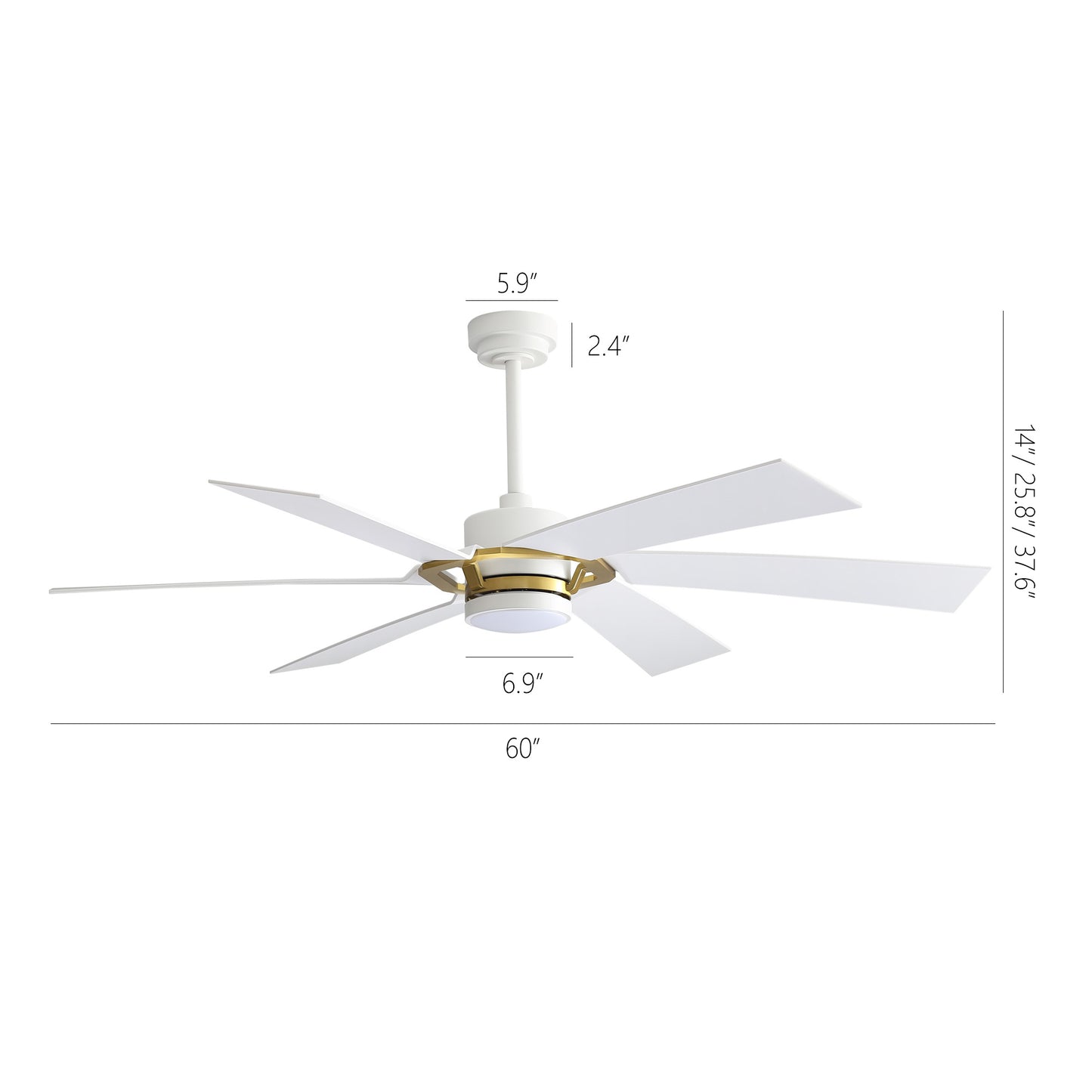 60" White & Gold Ceiling Fan with Light & Remote – Smart 6-Blade, DC Motor