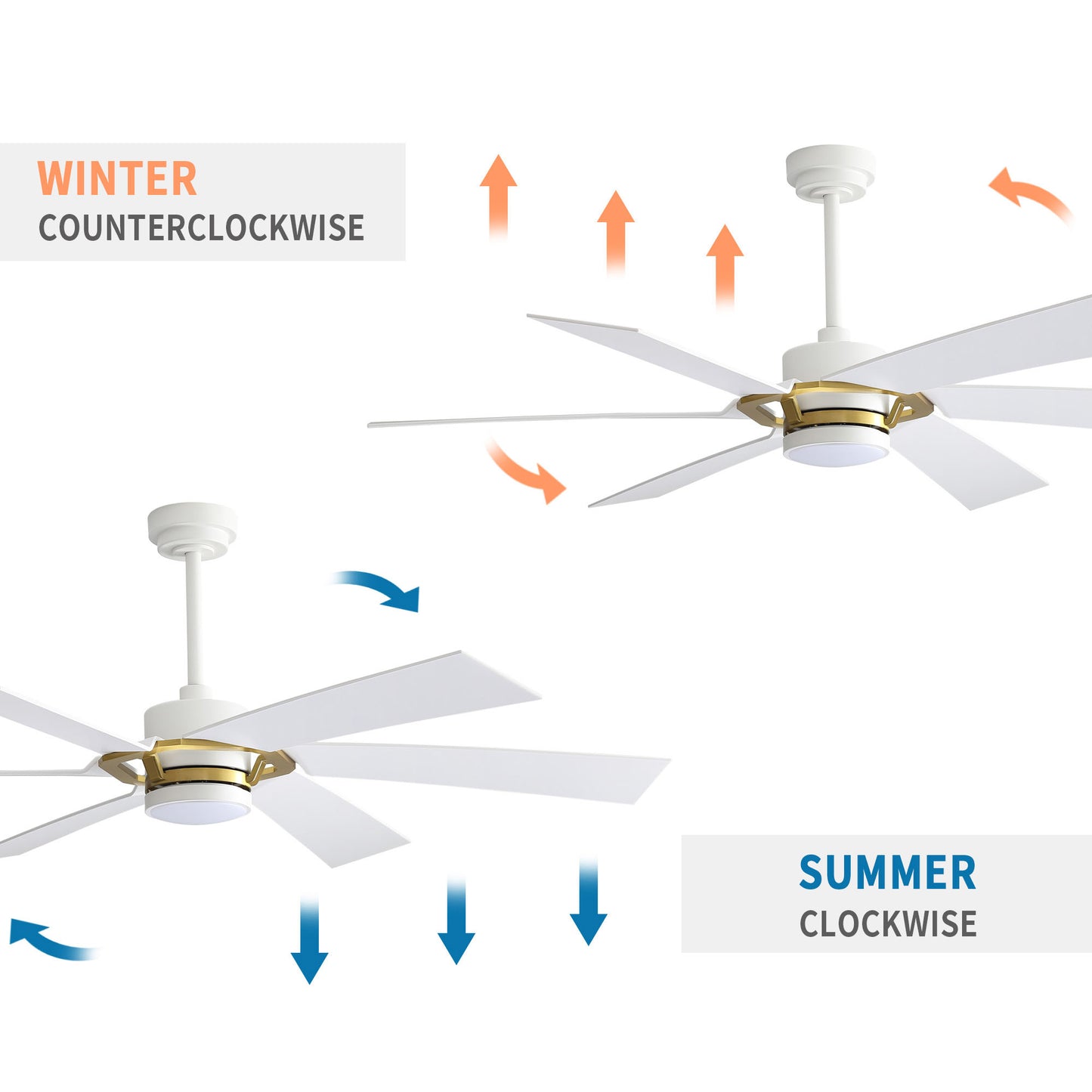 60" White & Gold Ceiling Fan with Light & Remote – Smart 6-Blade, DC Motor