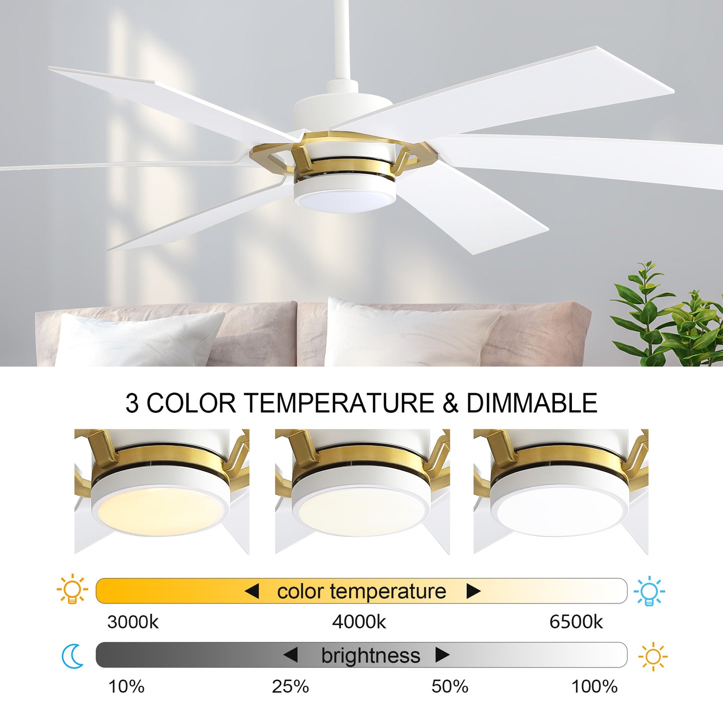 60" White & Gold Ceiling Fan with Light & Remote – Smart 6-Blade, DC Motor