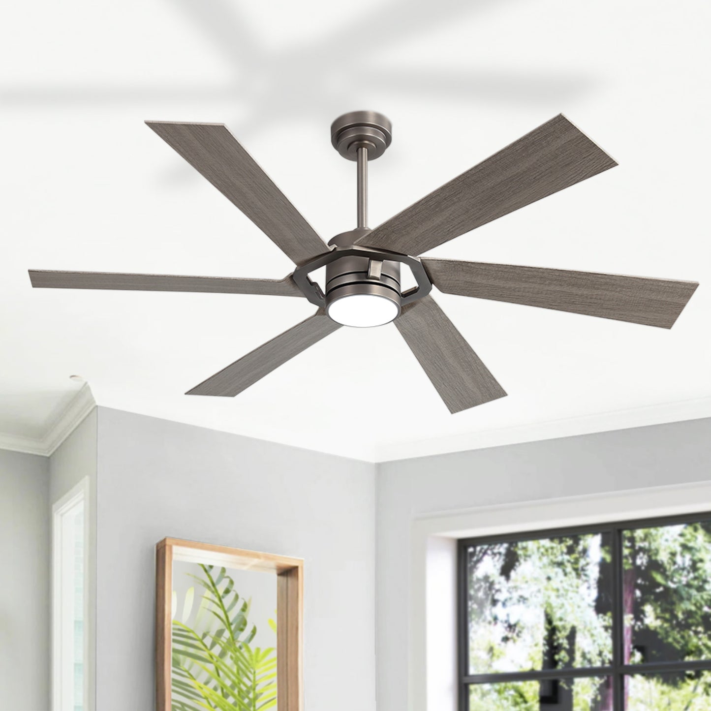 60" Brushed Nickel & Wood Ceiling Fan with Light & Remote – Smart 6-Blade, DC Motor