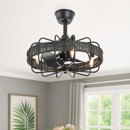 18" Black Rattan Fandelier Ceiling Fan with Light – Semi Flush Mount with Remote