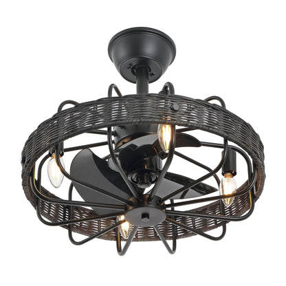 18" Black Rattan Fandelier Ceiling Fan with Light – Semi Flush Mount with Remote