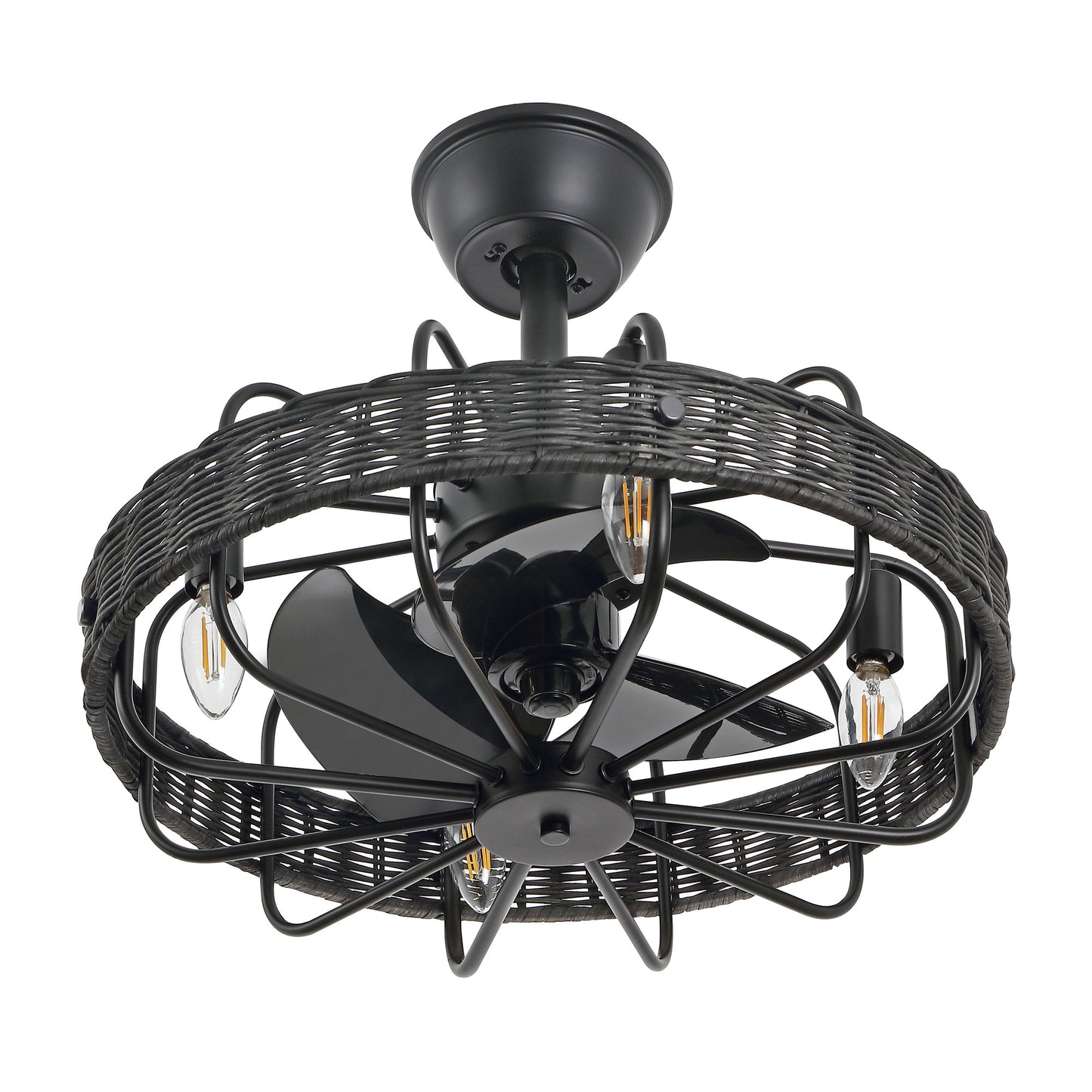 18" Black Rattan Fandelier Ceiling Fan with Light – Semi Flush Mount with Remote