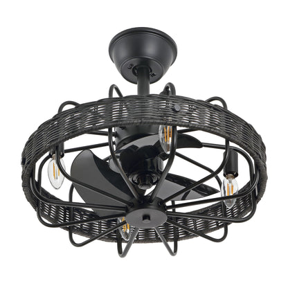 18" Black Rattan Fandelier Ceiling Fan with Light – Semi Flush Mount with Remote