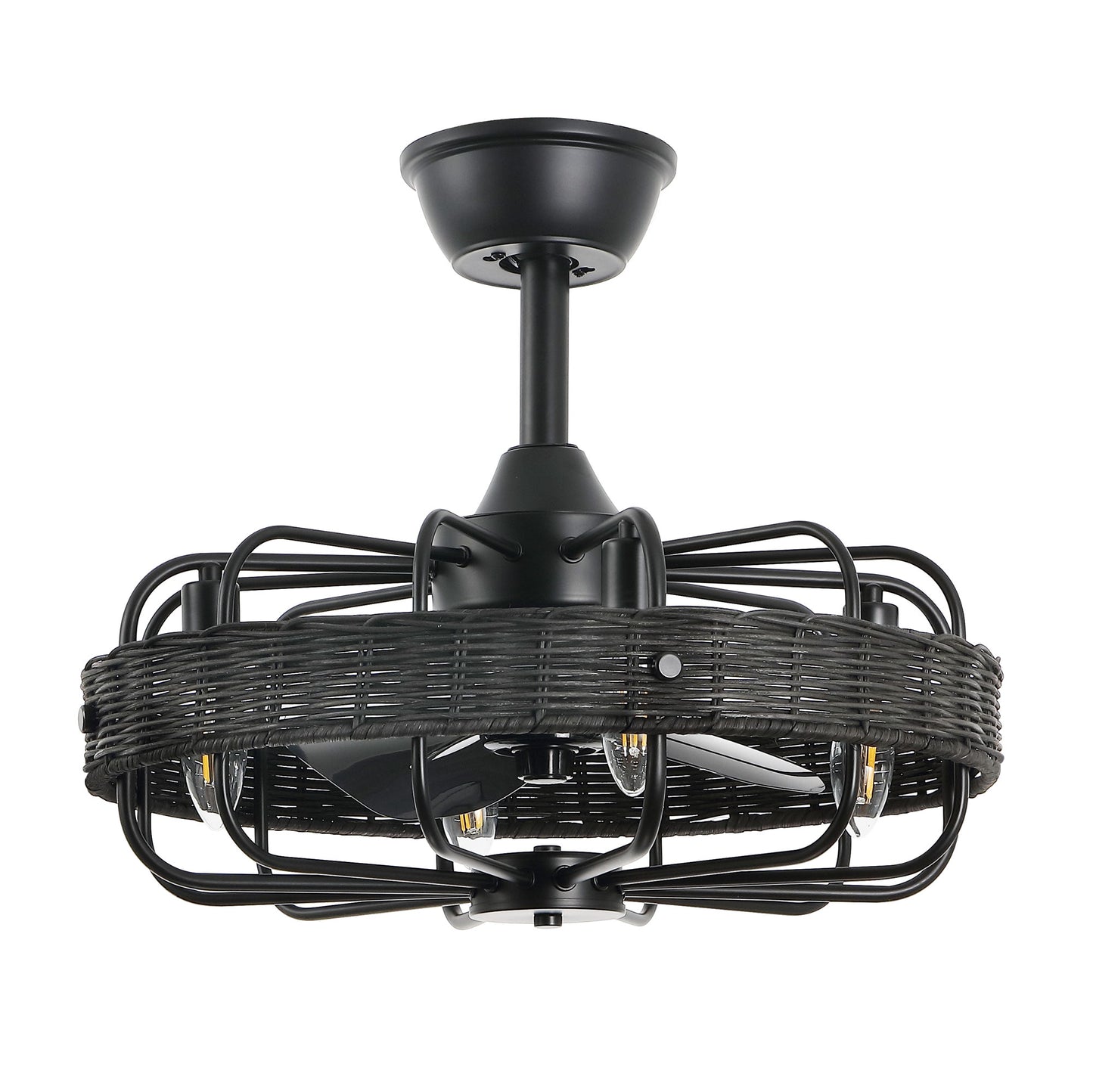18" Black Rattan Fandelier Ceiling Fan with Light – Semi Flush Mount with Remote