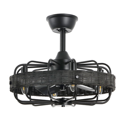 18" Black Rattan Fandelier Ceiling Fan with Light – Semi Flush Mount with Remote