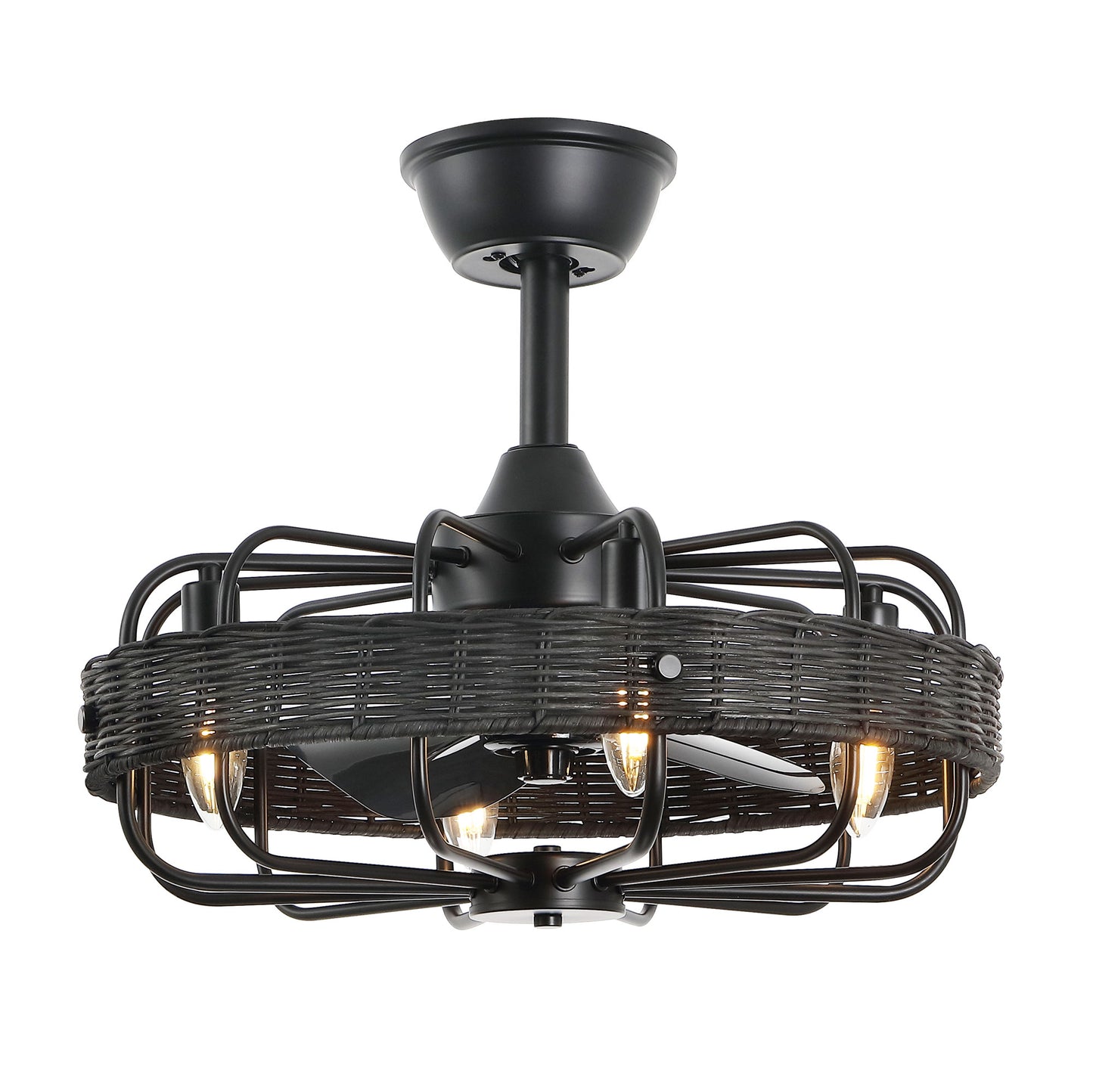 18" Black Rattan Fandelier Ceiling Fan with Light – Semi Flush Mount with Remote