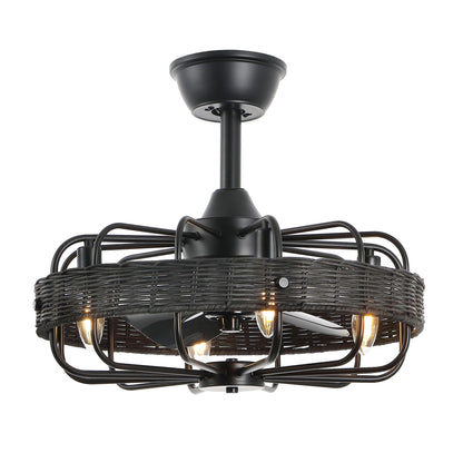 18" Black Rattan Fandelier Ceiling Fan with Light – Semi Flush Mount with Remote