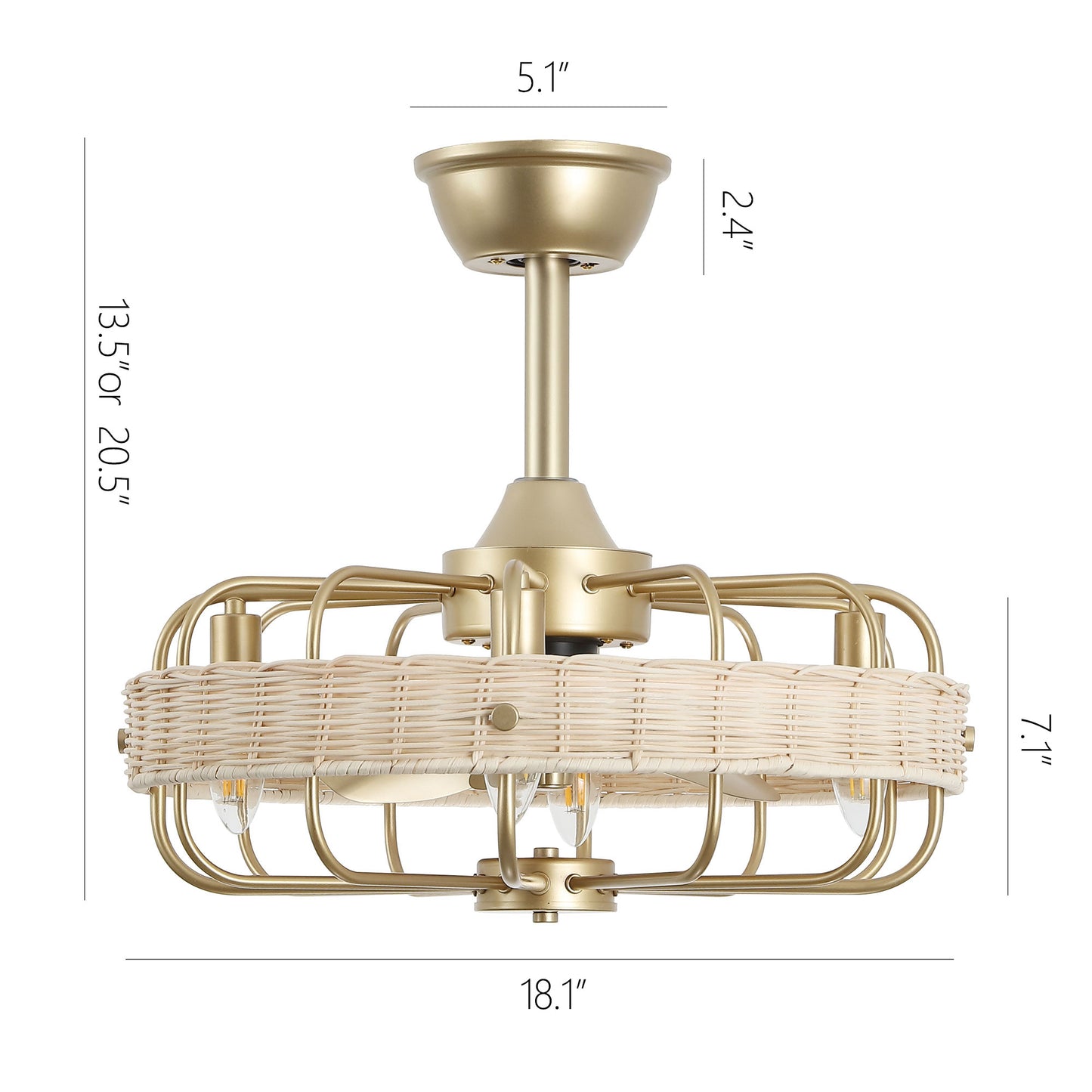 18" Gold Beige Rattan Fandelier Ceiling Fan with Light – Semi Flush Mount with Remote