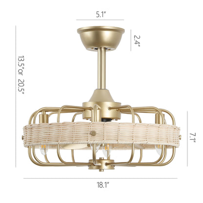 18" Gold Beige Rattan Fandelier Ceiling Fan with Light – Semi Flush Mount with Remote