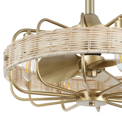 18" Gold Beige Rattan Fandelier Ceiling Fan with Light – Semi Flush Mount with Remote