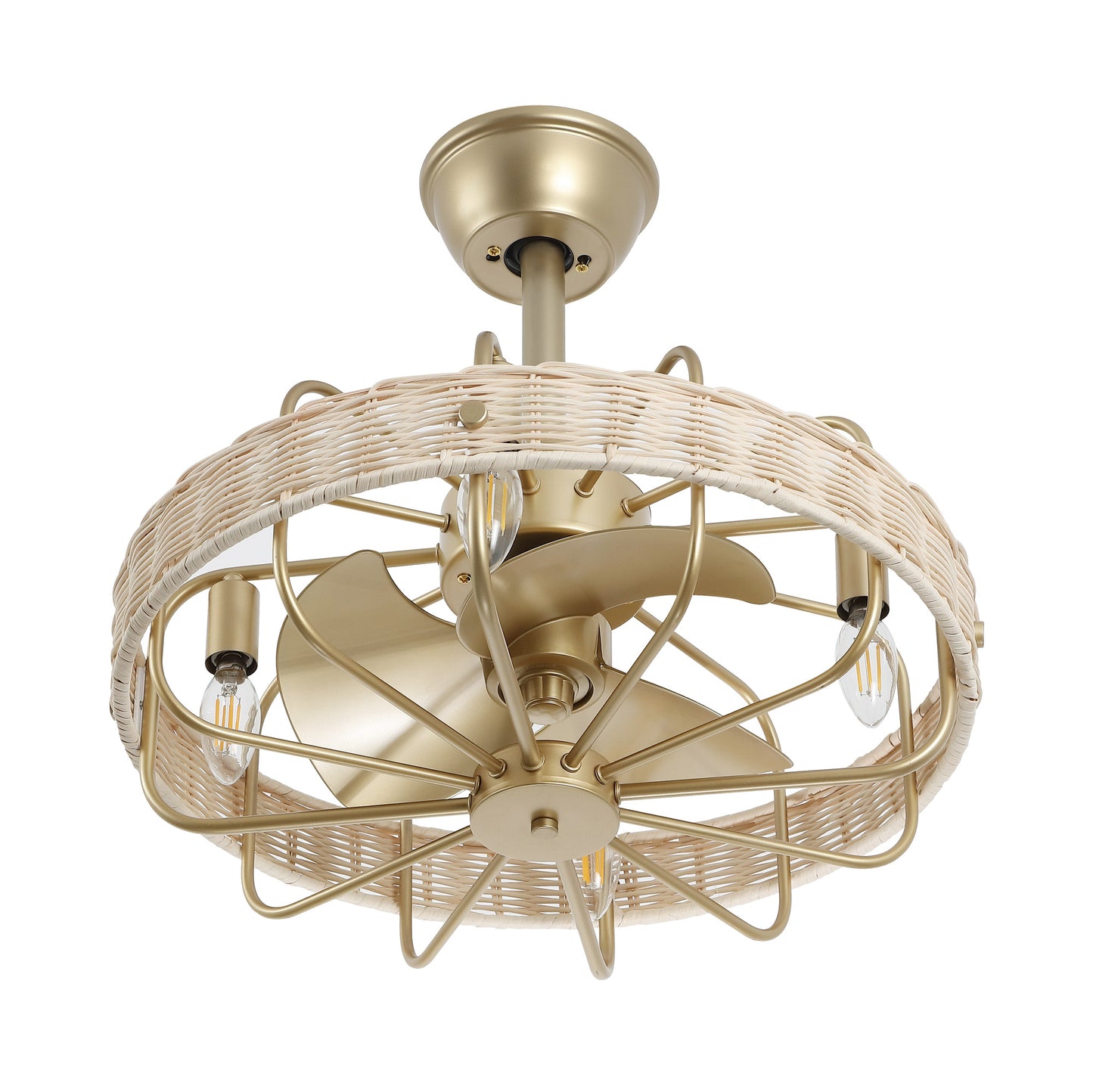 18" Gold Beige Rattan Fandelier Ceiling Fan with Light – Semi Flush Mount with Remote