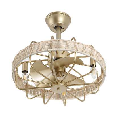 18" Gold Beige Rattan Fandelier Ceiling Fan with Light – Semi Flush Mount with Remote