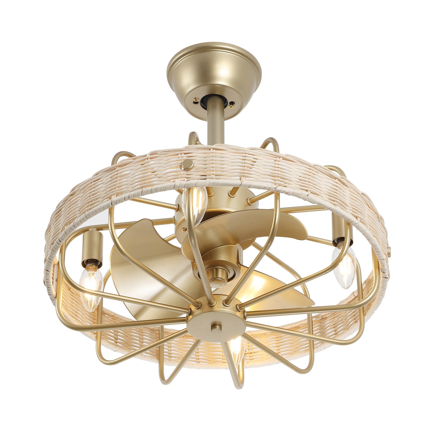 18" Gold Beige Rattan Fandelier Ceiling Fan with Light – Semi Flush Mount with Remote