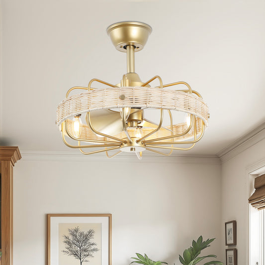 18" Gold Beige Rattan Fandelier Ceiling Fan with Light – Semi Flush Mount with Remote