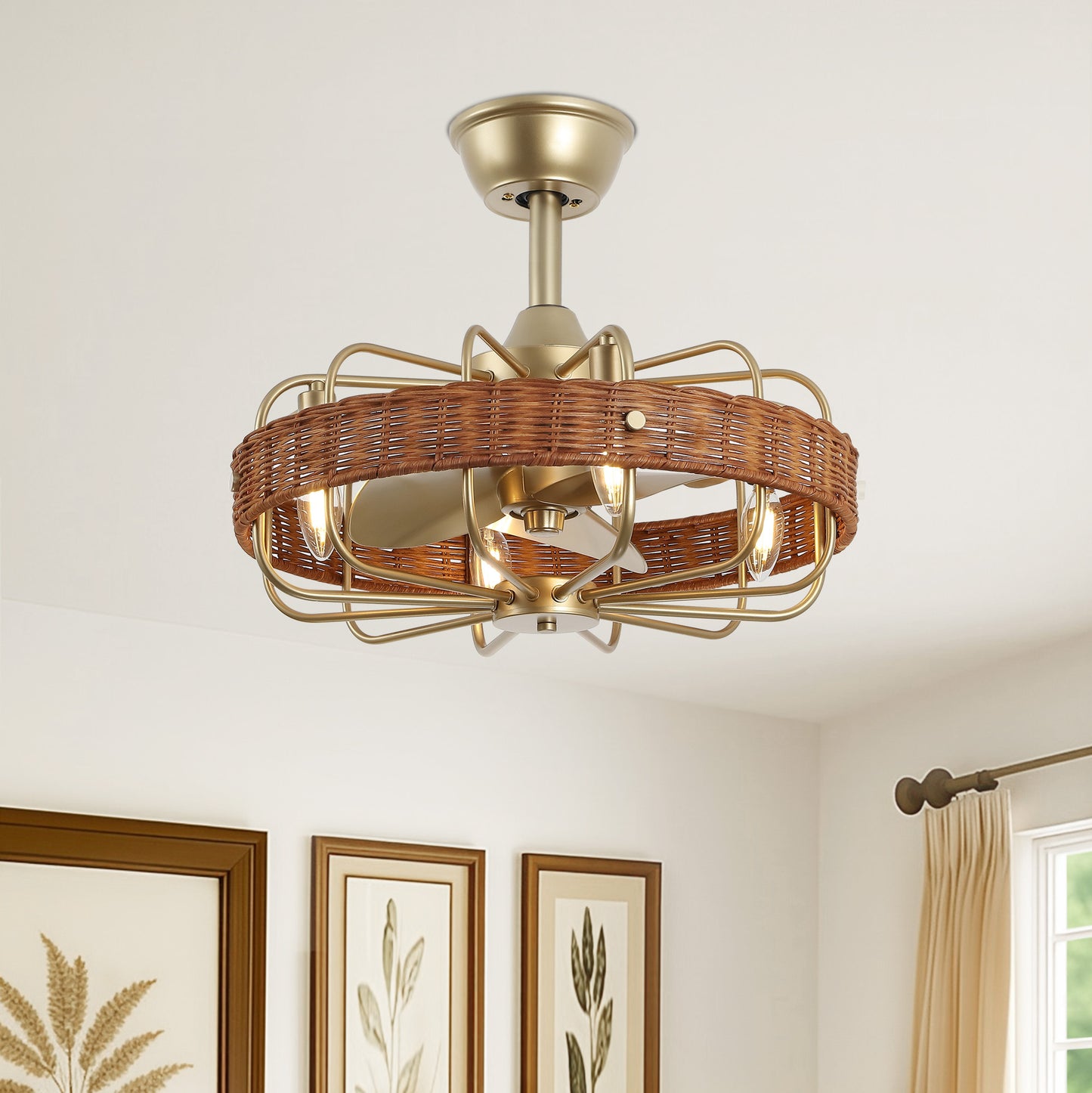 18" Gold Rattan Fandelier Ceiling Fan with Light – Semi Flush Mount with Remote