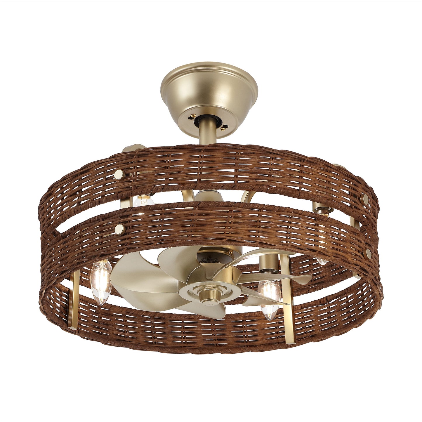 18" Gold Brown Rattan Fandelier Ceiling Fan with Light – Boho Semi Flush Fan with Remote