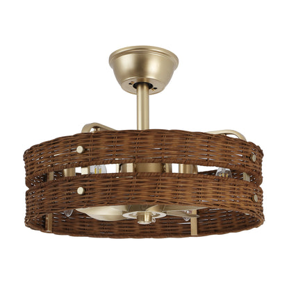 18" Gold Brown Rattan Fandelier Ceiling Fan with Light – Boho Semi Flush Fan with Remote