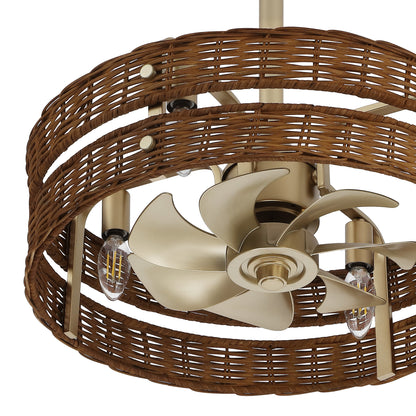 18" Gold Brown Rattan Fandelier Ceiling Fan with Light – Boho Semi Flush Fan with Remote