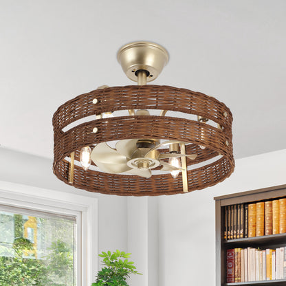 18" Gold Brown Rattan Fandelier Ceiling Fan with Light – Boho Semi Flush Fan with Remote