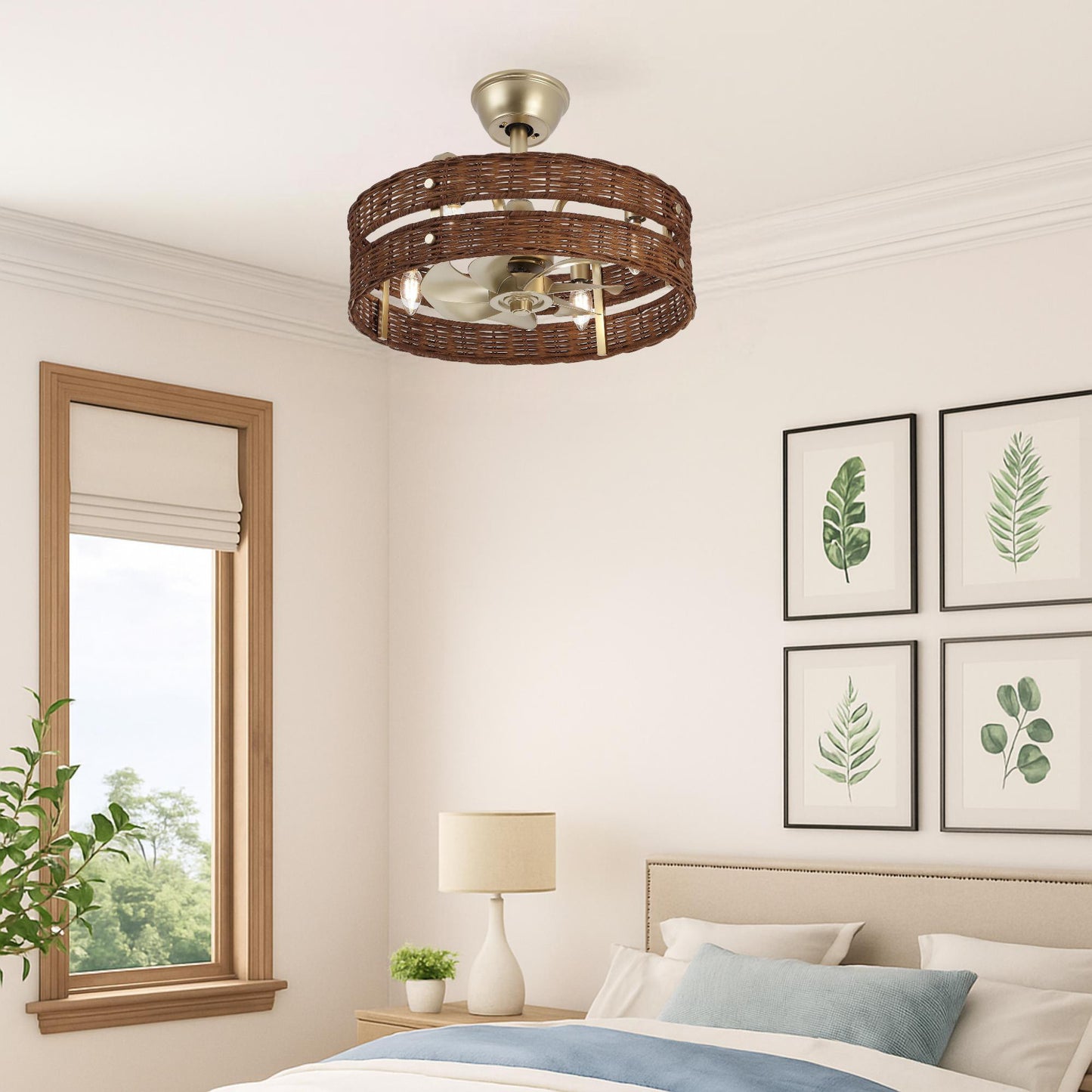 18" Gold Brown Rattan Fandelier Ceiling Fan with Light – Boho Semi Flush Fan with Remote