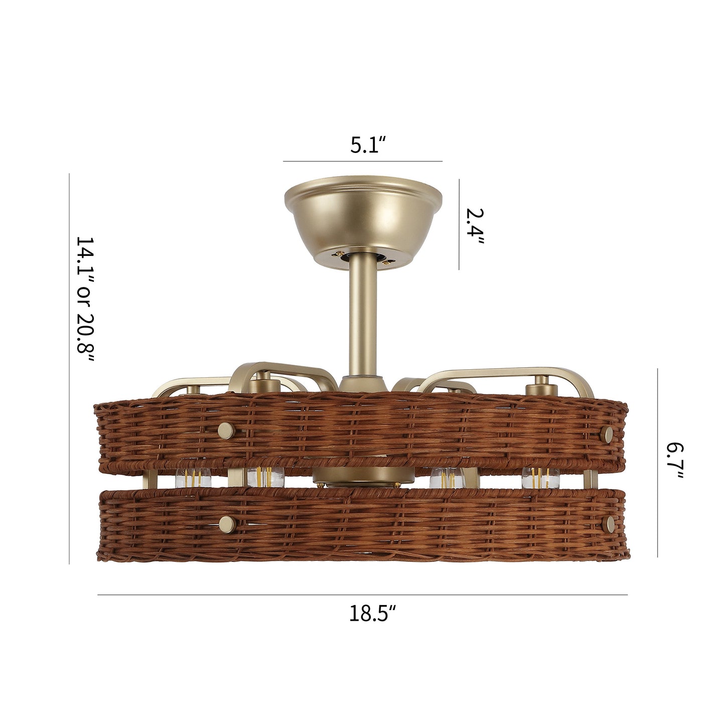 18" Gold Brown Rattan Fandelier Ceiling Fan with Light – Boho Semi Flush Fan with Remote