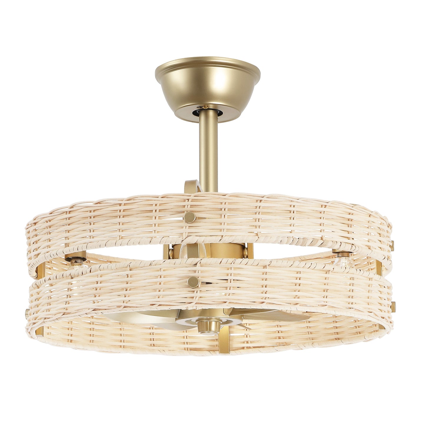 18" Gold Beige Rattan Fandelier Ceiling Fan with Light – Boho Semi Flush Fan with Remote