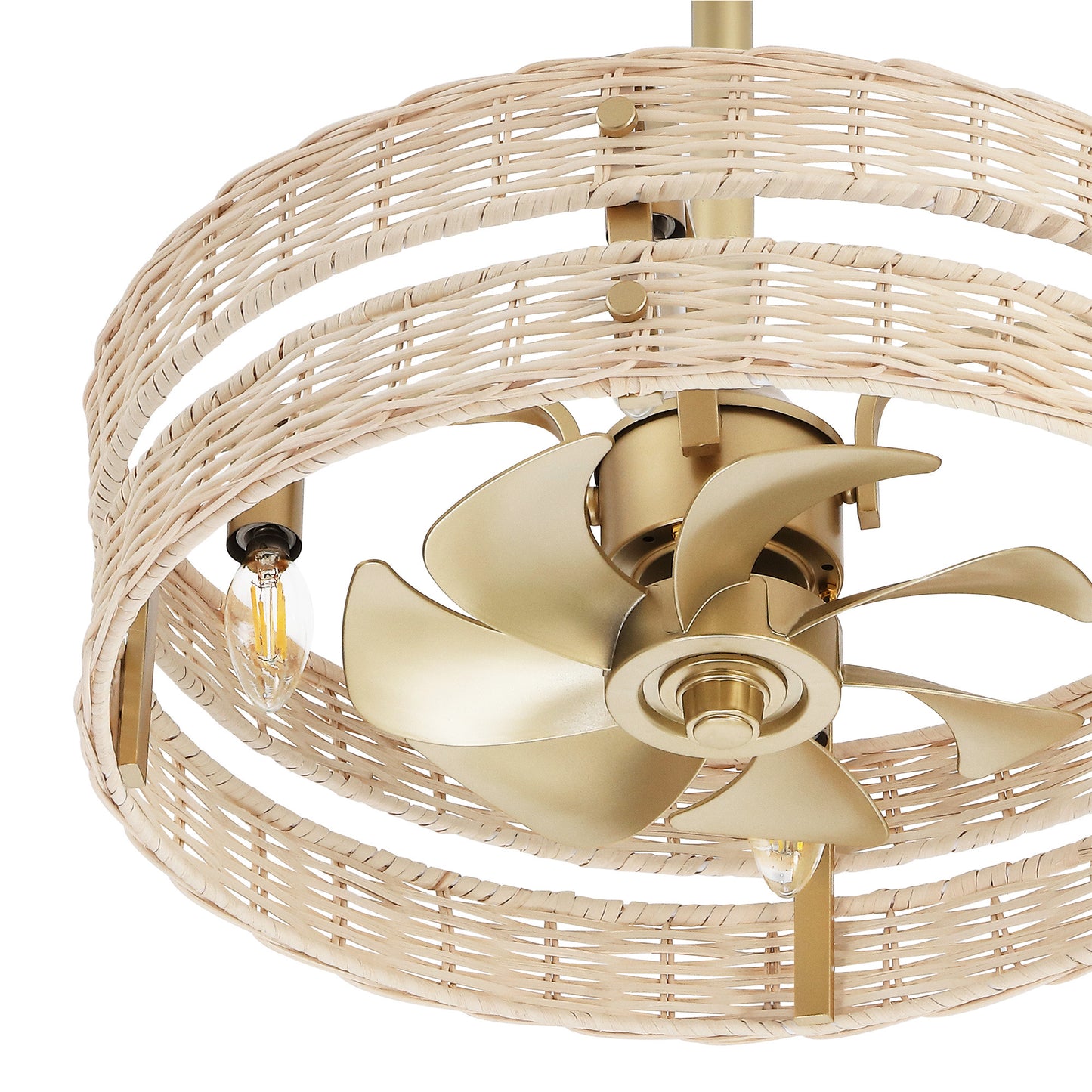 18" Gold Beige Rattan Fandelier Ceiling Fan with Light – Boho Semi Flush Fan with Remote