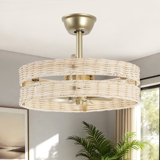 18" Gold Beige Rattan Fandelier Ceiling Fan with Light – Boho Semi Flush Fan with Remote
