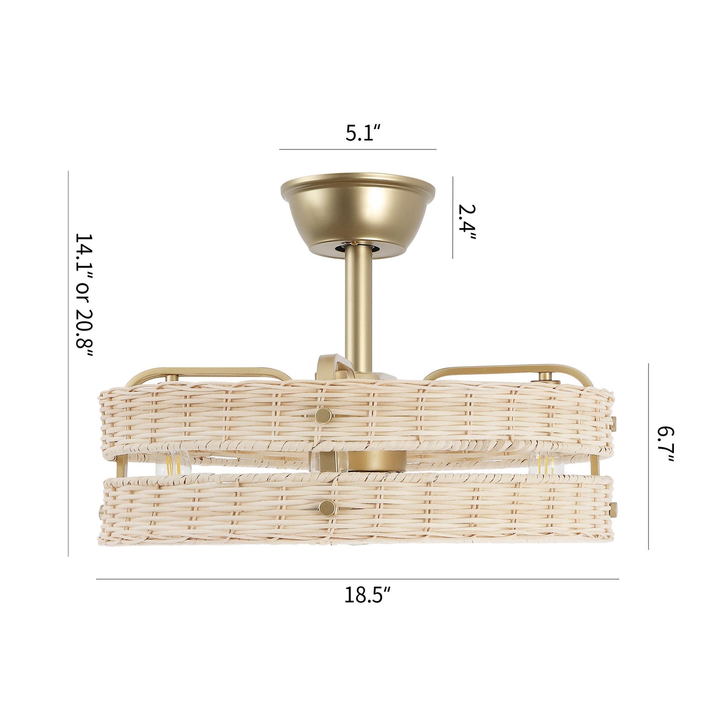 18" Gold Beige Rattan Fandelier Ceiling Fan with Light – Boho Semi Flush Fan with Remote