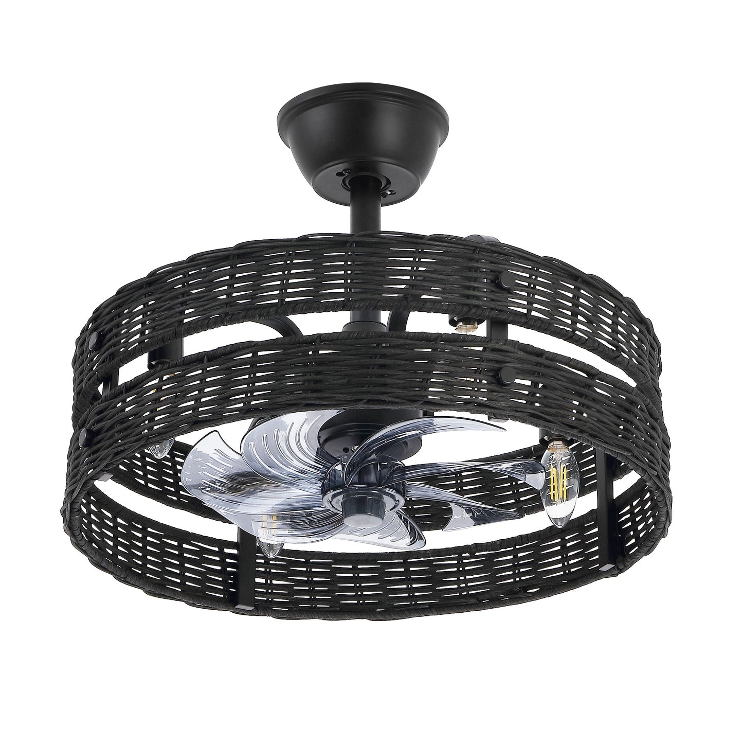 18" Black Rattan Fandelier Ceiling Fan with Light – Modern Boho Semi Flush Fan with Remote
