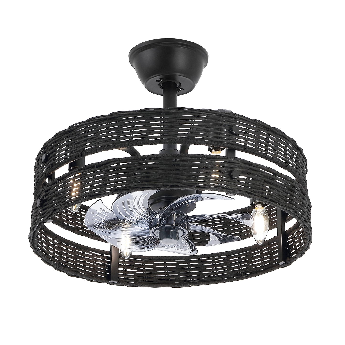 18" Black Rattan Fandelier Ceiling Fan with Light – Modern Boho Semi Flush Fan with Remote