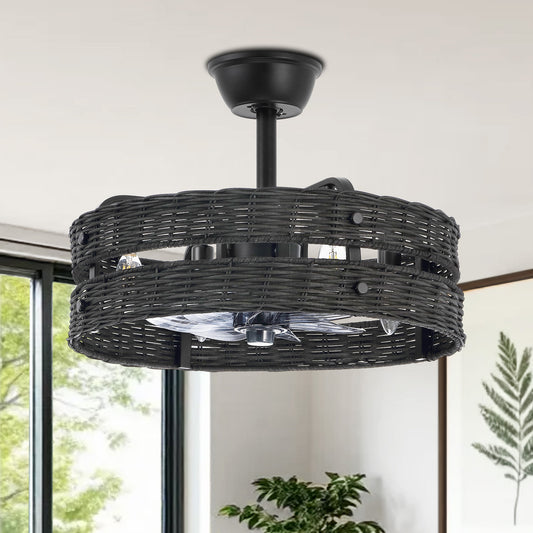 18" Black Rattan Fandelier Ceiling Fan with Light – Modern Boho Semi Flush Fan with Remote